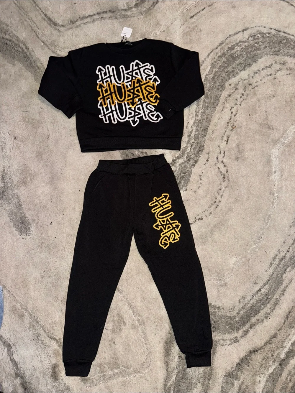 Fashion Nova Kids Black Jogger & Sweatshirt Set with Yellow Graphic